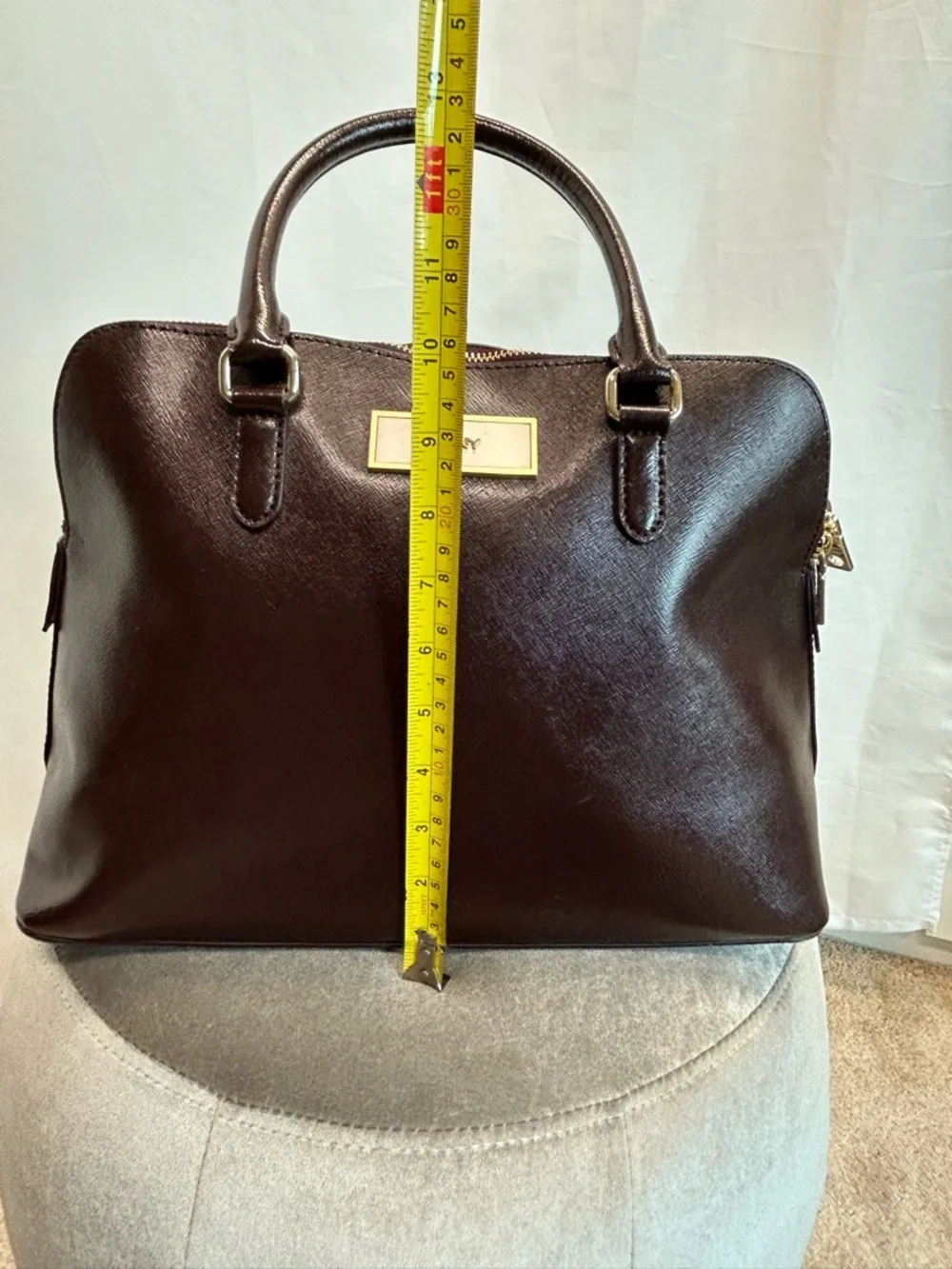 DKNY Dark Brown Saffiano Leather Satchel with Gold Plaque